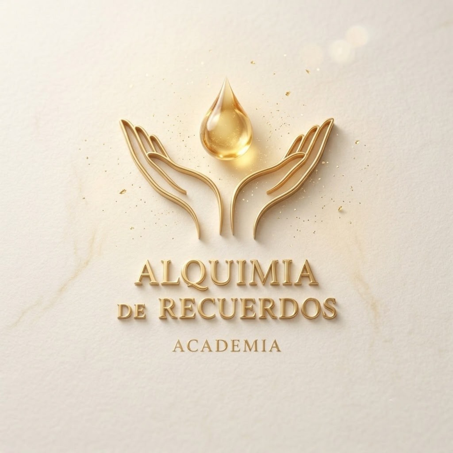 Logo de Alquimia de Recuerdos Academia: dos manos doradas sosteniendo una gota